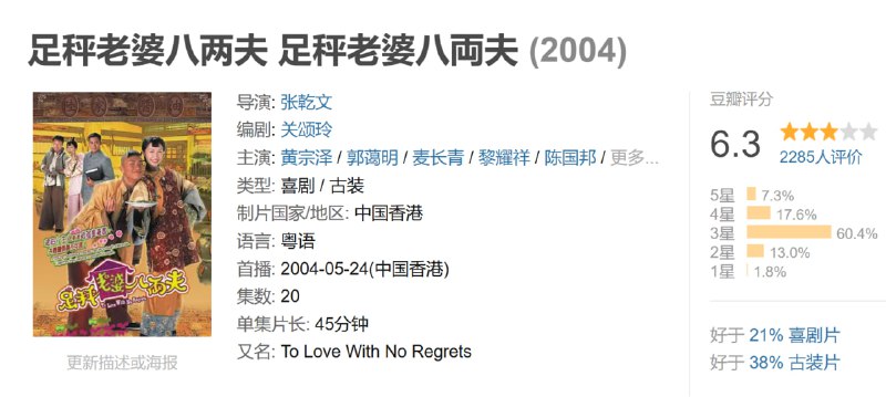 名称：足秤老婆八两夫 足秤老婆八両夫 (2004)描述：中国的童养媳，可说是封建制度下极度不人道的传统习俗，穷苦人家的女孩，自少被卖到一个陌生家庭里，被安排下嫁比自己年轻的小男孩，丈夫长大后都会嫌弃老妻，这样的婚姻制度不但没有爱情，亦制造了许多同床异梦的怨偶，令许多女人展开悲剧的命运
