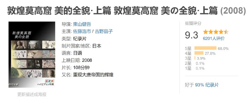 名称：敦煌莫高窟 美的全貌 全两篇 日语中字描述：前编《重现大唐帝国之辉煌》  中国美术至宝——敦煌莫高窟，人称“沙漠中的大画廊”