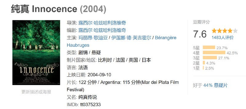 名称：纯真 Innocence (2004)描述：电影发生在森林深处的一作女子寄宿学校,这所学校的房子散落围绕着一座大森林,不同年纪的女孩以不同颜色的头丝带区分.她们也和同龄人一样,通过舞蹈,自然课了解对于她们来说很遥远的外面的世界.每天晚上深宵时分,年长的女孩都会不约而同沿着小路走向森林深处........链接：
