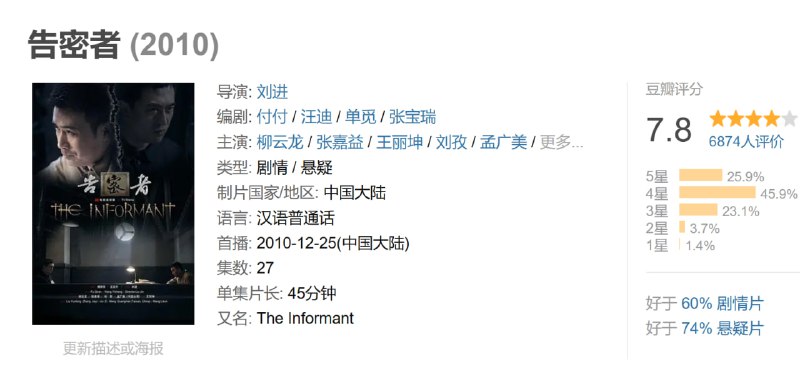 名称：告密者 (2010)描述：电视剧《告密者》的故事发生在20世纪50年代，剧中由柳云龙扮演的 “龙飞”不仅拳脚功夫了得，更是“推理高手”