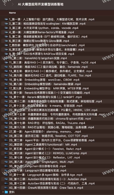 名称：【AI 大模型应用开发模型训练落地】描述：这套课程系统拆解AI大模型开发全流程，涵盖模型微调、RAG技术、Agent框架三大核心模块