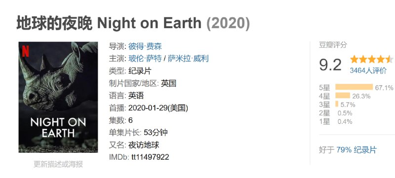 名称：地球的夜晚 Night on Earth (2020)描述：当太阳西下，就是另一个世界苏醒之时