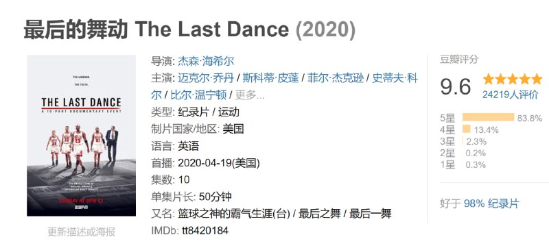 名称：最后的舞动 The Last Dance (2020)描述：1997 年秋天，迈克尔·乔丹和芝加哥公牛队开始了他们八年来第六个 NBA 总冠军的追逐