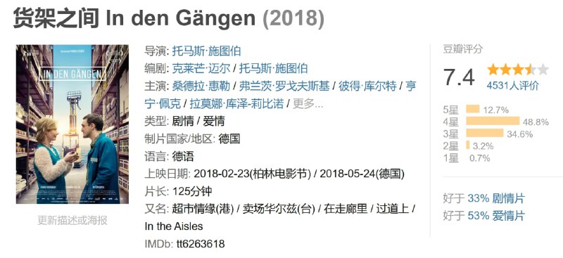 名称：货架之间 In den Gängen (2018)描述：《过道上》在2018年柏林电影节竞赛单元首映