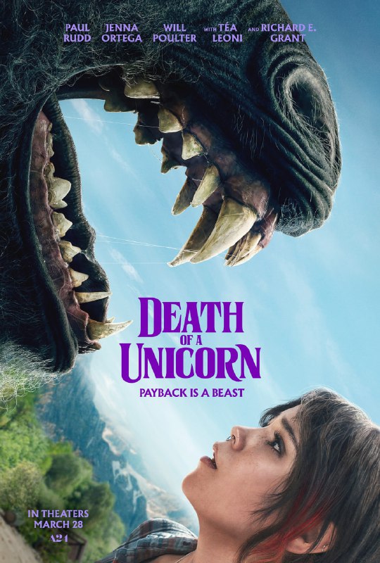 名称：独角兽之死 Death of a Unicorn (2025) 4K  HDR.描述：一位父亲（保罗 - 路德 Paul Rudd 饰）和女儿（珍娜 - 奥特加 Jenna Ortega 饰）在前往周末度假地的途中意外撞死了一只独角兽，而他的亿万富翁老板（理查德 -E- 格兰特 Richard E. Grant 饰）则想利用这只独角兽神奇的疗效