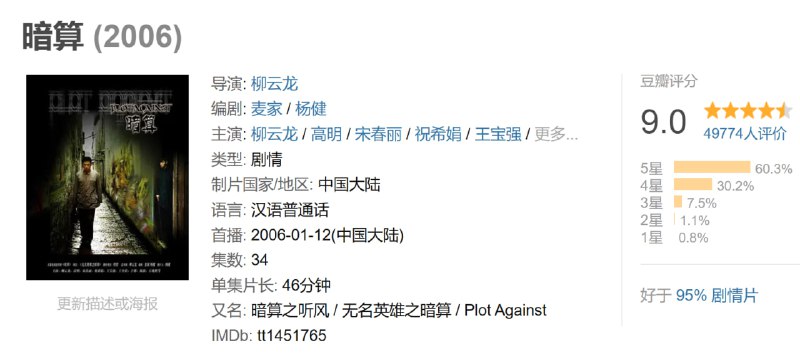 名称：暗算 (2006)描述：第一篇《听风》故事发生在解放初期，国家秘密机构701成员安在天(柳云龙)费尽千辛万苦找来有超常听觉天赋的瞎子阿炳(王宝强)，让他协助政府找出在台国民党与其在大陆的残余势力联络的电台，以便掌握情报将他们一一歼灭