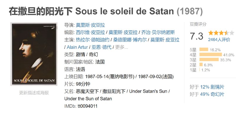 名称：在撒旦的阳光下 Sous le soleil de Satan (1987)描述：故事发生在1926年一个位于阿尔多瓦的偏僻小村庄里，年仅16岁的少女穆谢特（桑德里娜·伯奈尔 Sandrine Bonnaire 饰）不仅腹中怀有孩子，还犯下了杀死情人的罪行