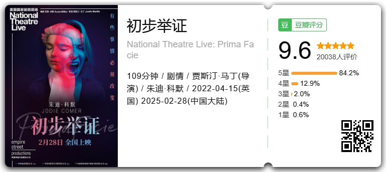 名称：初步举证 National Theatre Live: Prima Facie (2022) 豆瓣9.6分 朱迪·科默 中英双字幕描述：泰莎（朱迪·科默 Jodie Comer 饰）是一位年轻有为的刑辩律师，热爱胜利