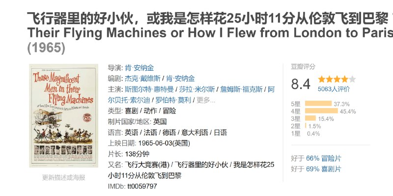 名称：飞行器里的好小伙，或我是怎样花25小时11分从伦敦飞到巴黎 (1965)描述：1910年，“飞行器”是那个时代风行一时的事物