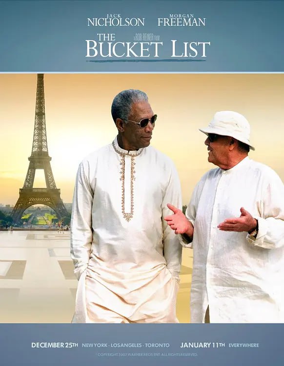 名称：遗愿清单 The Bucket List (2007)描述：老富翁爱德华•科尔(杰克•尼克尔森 Jack Nicholson 饰)近年来在公立医院的私有化改造事业中获利颇丰，他为节省成本，规定病房“一房两床”的做法颇受非议，但性格强势的科尔不以为意，岂料他不久被检查出罹患癌症，本欲入住单人病房的科尔在舆论压力下只得与另一位病人——老卡特(摩根•弗里曼 Morgan Freeman 饰)同处一室