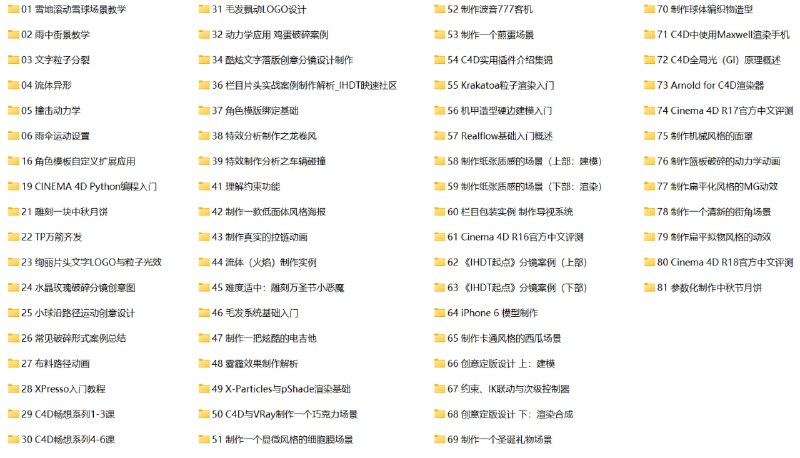 名称：IHDT映速(C4D官方认证培训中心)2008-2016年免费C4D教程合集描述：这套《IHDT映速2008-2016年免费C4D教程合集》包含81个教学项目，涵盖CINEMA 4D建模、动画、特效、渲染及插件应用等多个方向