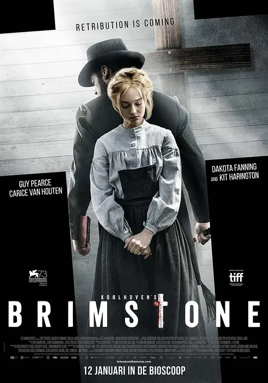 名称：悍女 Brimstone (2016)描述：故事发生在十七世纪的美国西部小镇中，哑女丽姿（达科塔·范宁 Dakota Fanning 饰）和丈夫伊莱（威廉·休斯顿 William Houston 饰）带着他们的孩子们生活在那里