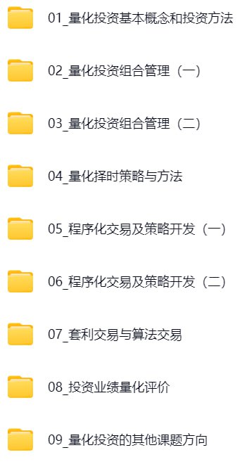 名称：【小象学院】Python量化投资与机器学习课程小象学院描述：该课程系统讲解Python在量化投资与机器学习领域的应用，涵盖量化投资基础、组合管理、择时策略、程序化交易、套利交易、业绩评价等核心内容